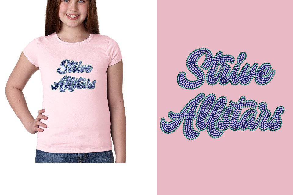 Rhinestones Strive Allstars script text 2 lines stones Girls' Princess T-Shirt