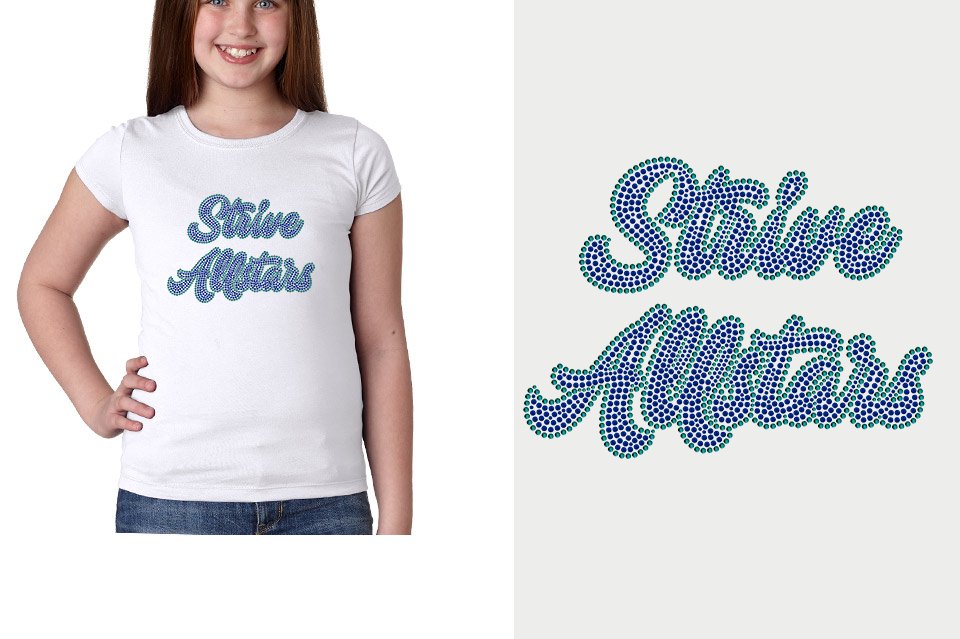 Rhinestones Strive Allstars script text 2 lines stones Girls' Princess T-Shirt