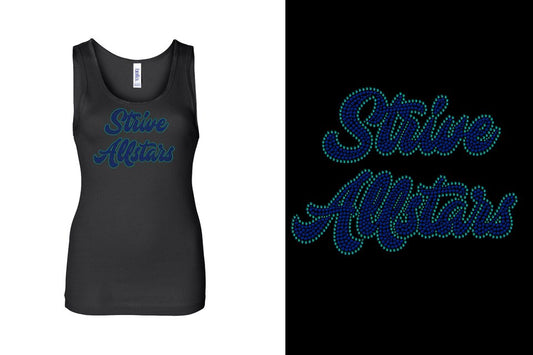 Rhinestones Strive Allstars script text 2 lines stones Youth Flowy Racerback Tank