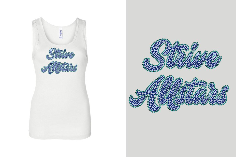 Rhinestones Strive Allstars script text 2 lines stones Youth Flowy Racerback Tank