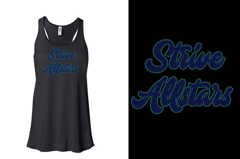 Rhinestones Strive Allstars script text 2 lines stones Youth Flowy Racerback Tank