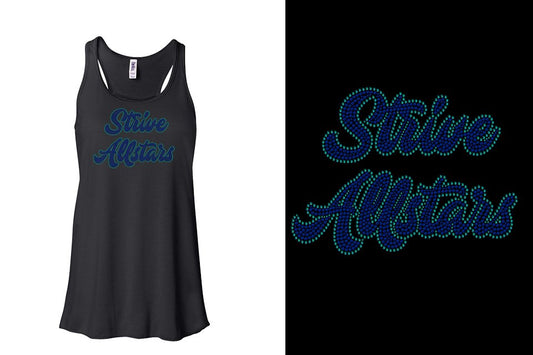 Rhinestones Strive Allstars script text 2 lines stones Youth Flowy Racerback Tank