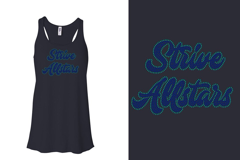 Rhinestones Strive Allstars script text 2 lines stones Youth Flowy Racerback Tank