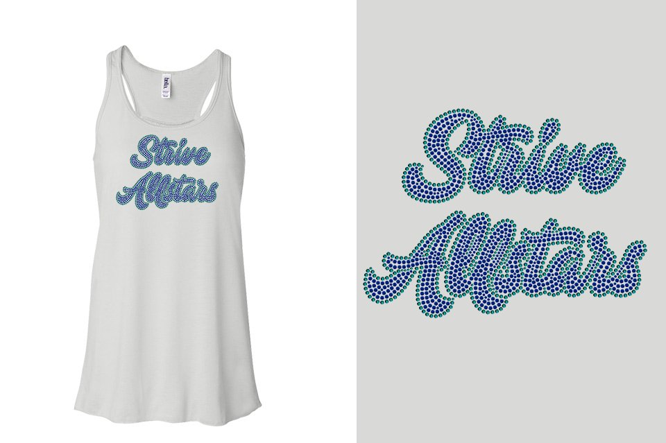 Rhinestones Strive Allstars script text 2 lines stones Youth Flowy Racerback Tank