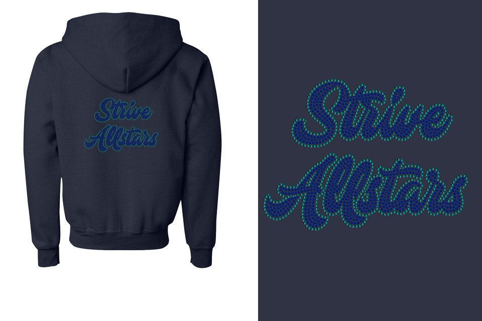 Rhinestones Strive Allstars script text 2 lines stones Youth Unisex Zip Hoodie