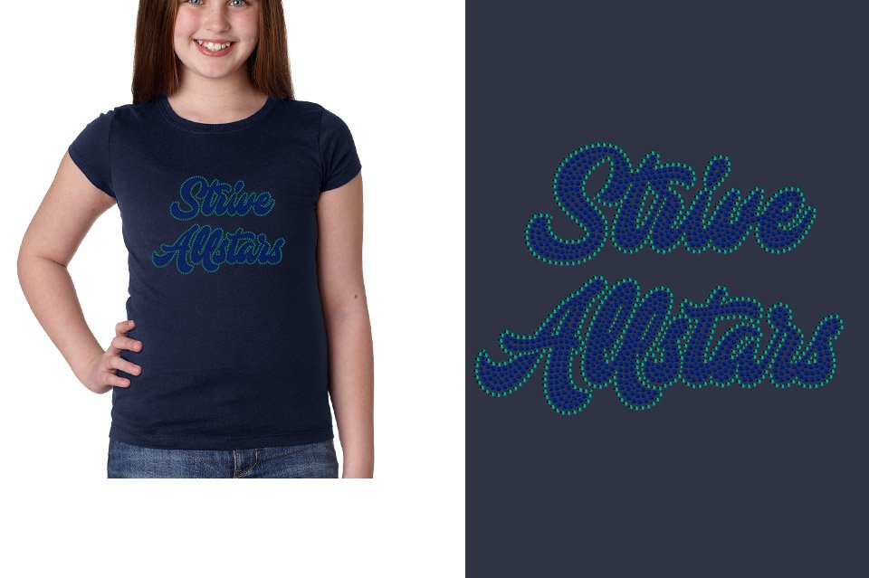 Rhinestones Strive Allstars script text 2 lines stones Girls' Princess T-Shirt